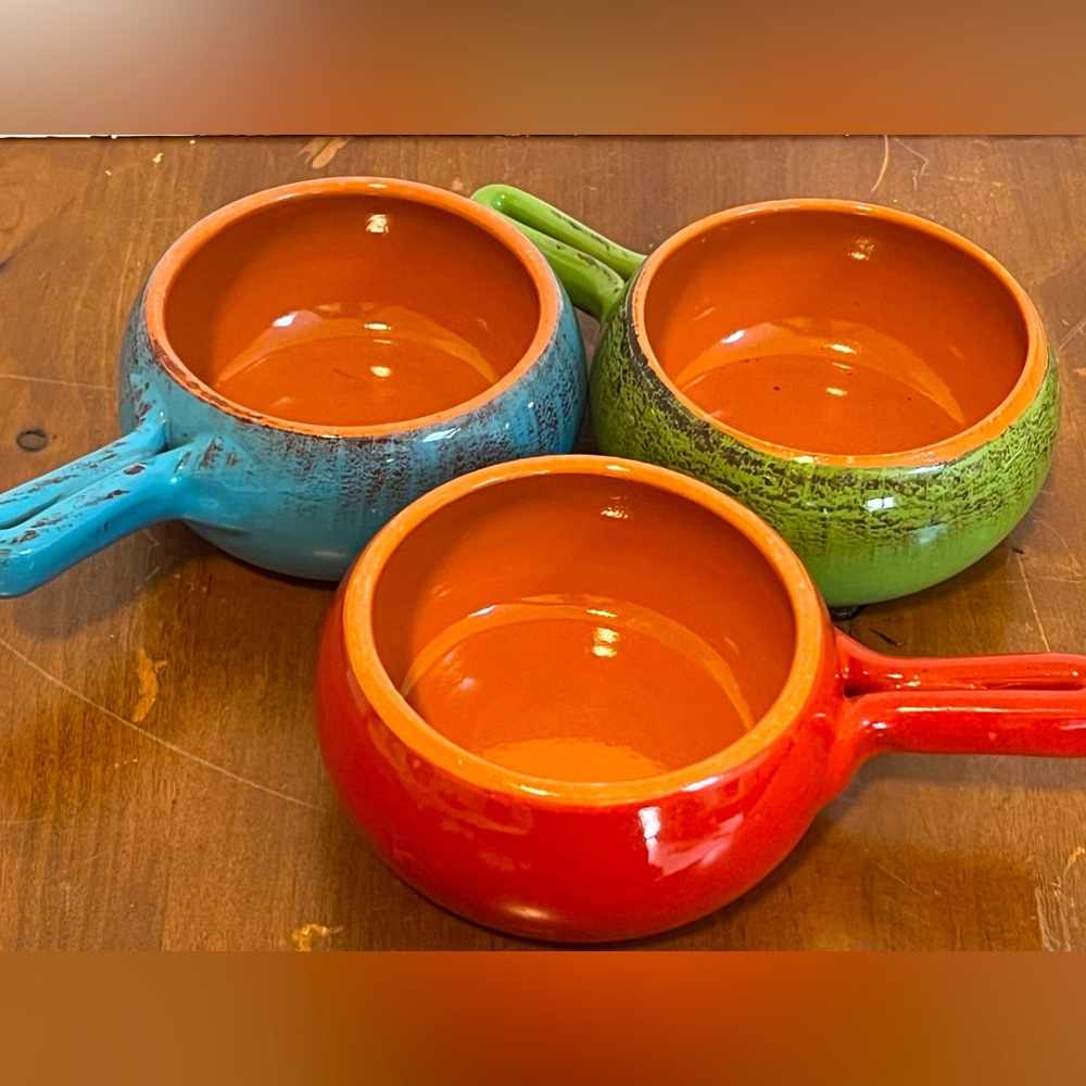 VTG De Silva Terracotta Handled Chili/Onion Soup Bowls Made in Italy. Set Of 3